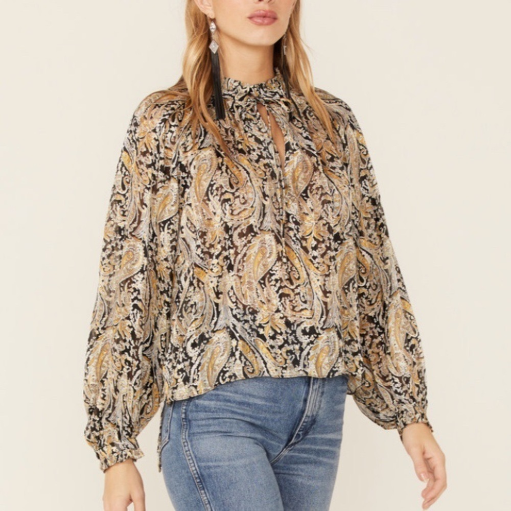 Elan Paisley Print Long Sleeve Chiffon Peasant Top Size S